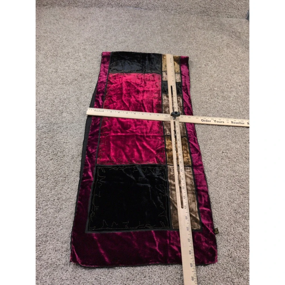 Jewel Tone Velvet Patchwork Scarf Burgundy Gold‎ Black Silk Blend Wrap 60x12